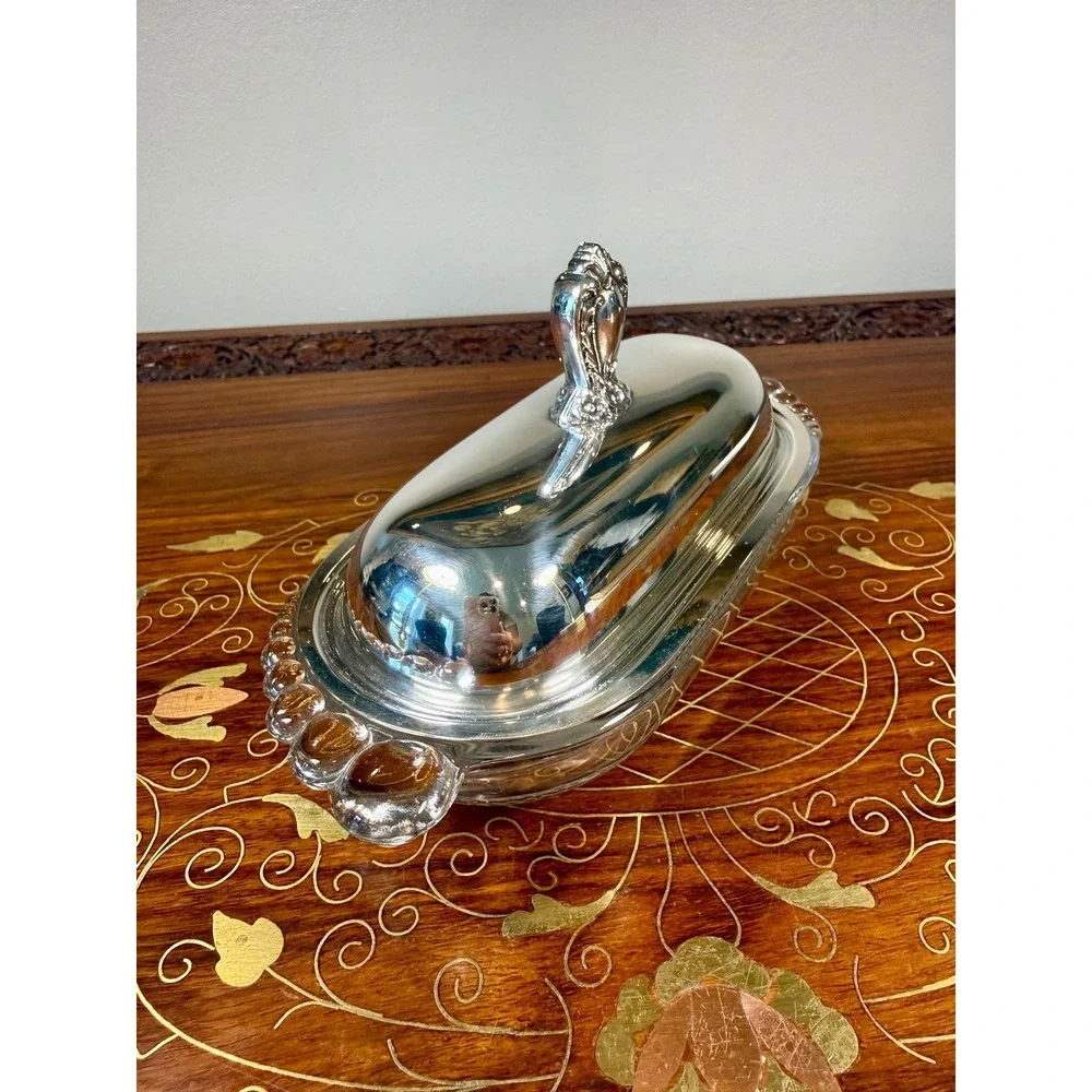 Vintage 1847 Rogers Bros Butter Dish •‎ Silverplate Lid & Pressed Glass Base